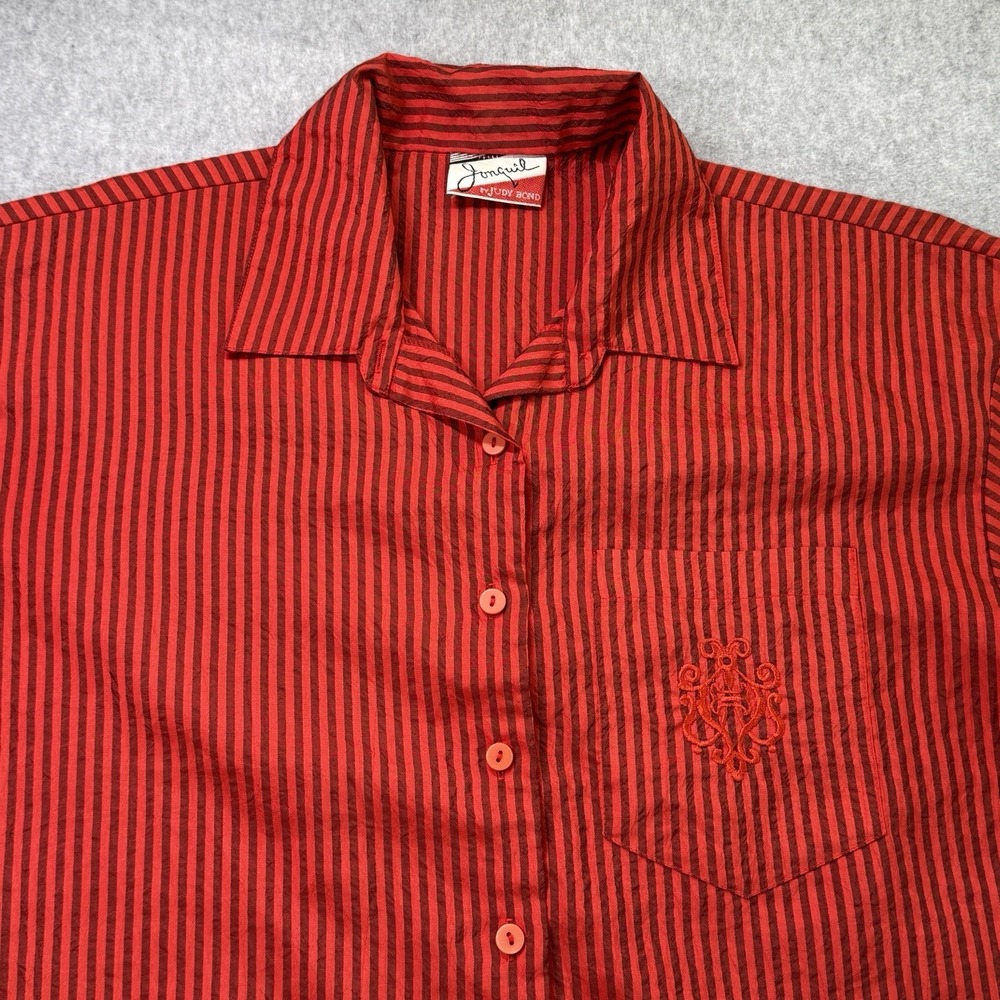 Vintage Jonquil by Judy Bond Red Black Striped Blouse Embroidered Pocket Retro